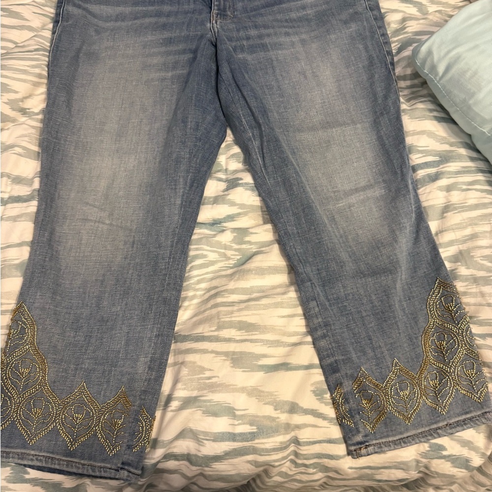 White House Black Market Blue Jeans with Gold Embroidery
